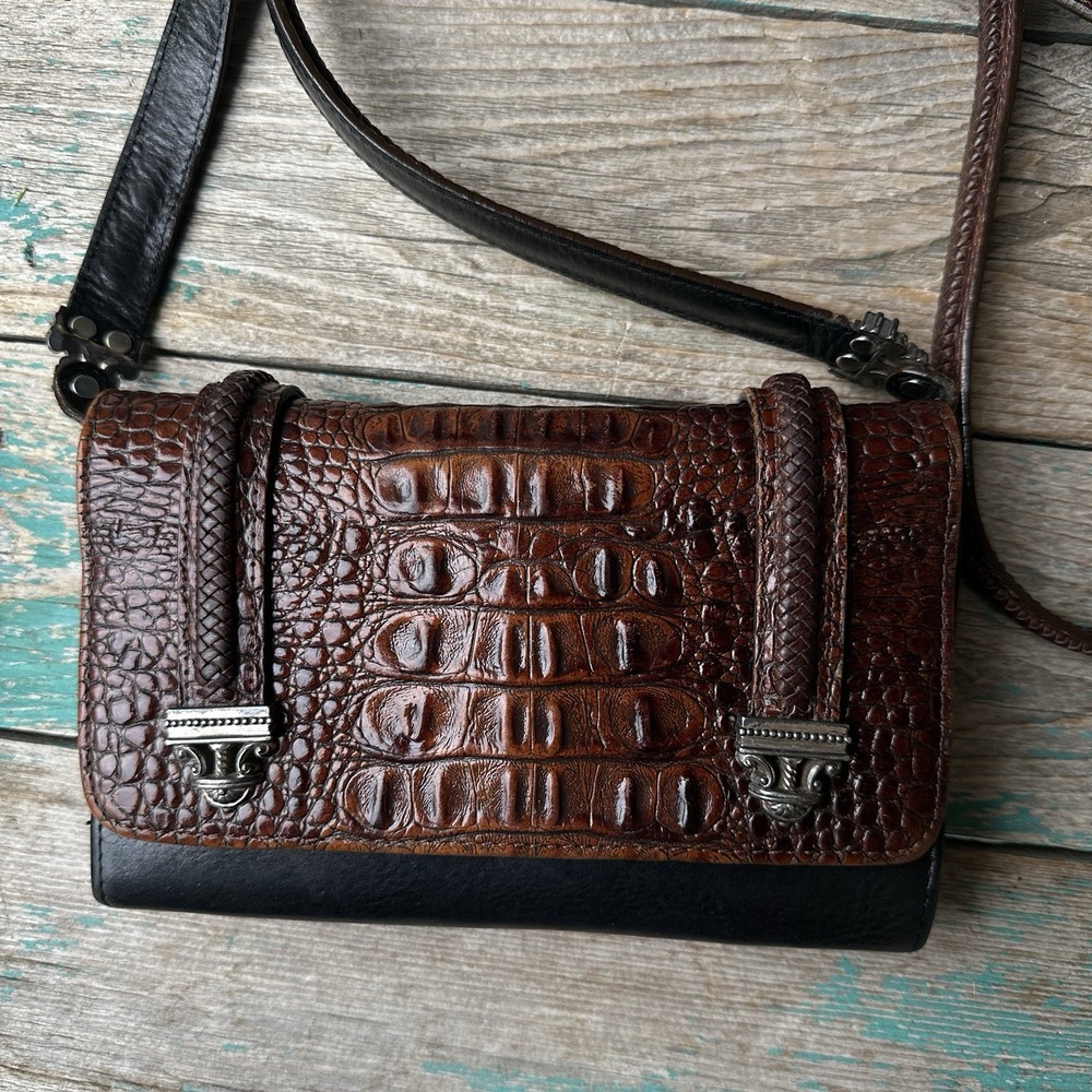 VTG Y2K Brighton Organizer Crossbody Bag Black Leather Brown Croc Emboss Wallet
